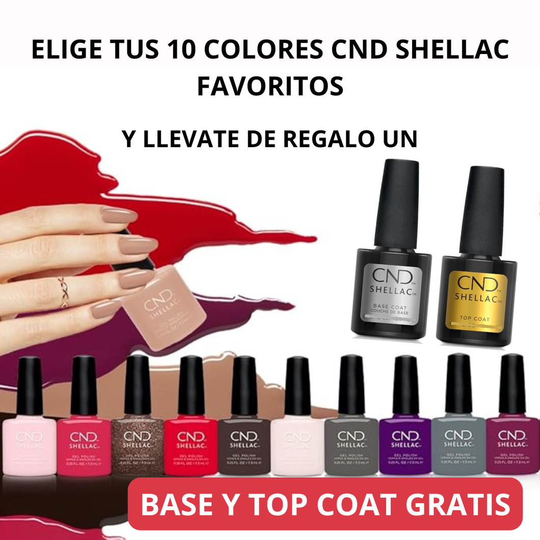 Kit Esmaltes CND Shellac – 10 Colores a Elegir + Base y Top Coat Original de Regalo