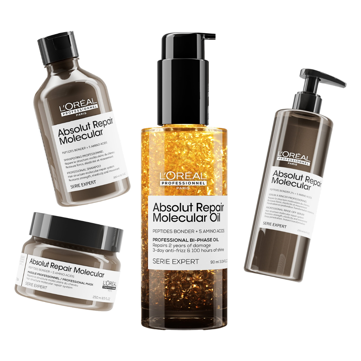 Absolut Repair Molecular Kit Shampoo 300ML, Mascarilla 250ML, Serum Con Enjuague 250ML y Aceite Bifásico 90ML