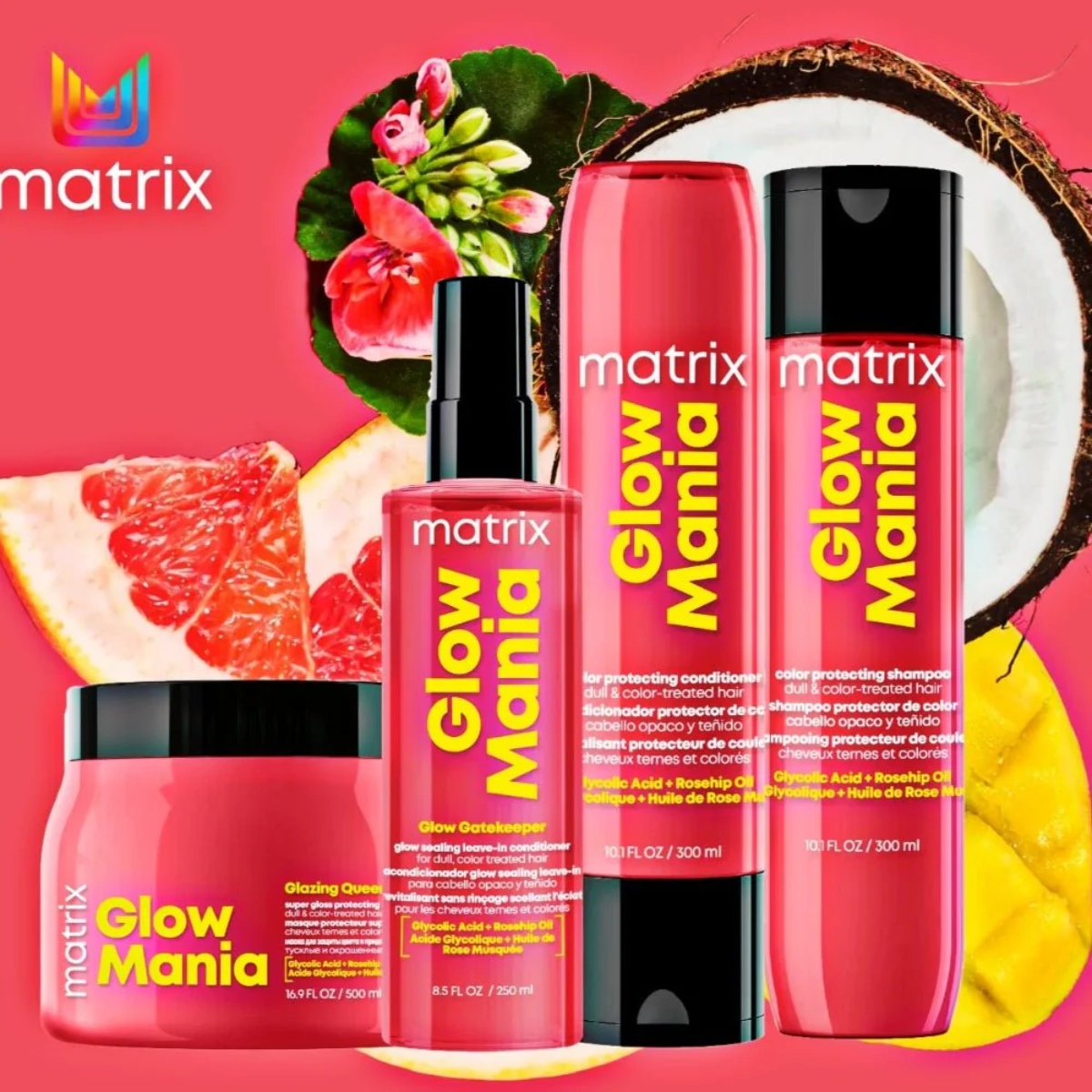 Matrix Kit Glow Mania Shampoo 300ML, Acondicionador 300ML, Mascarilla 500ML y Spray 200ML