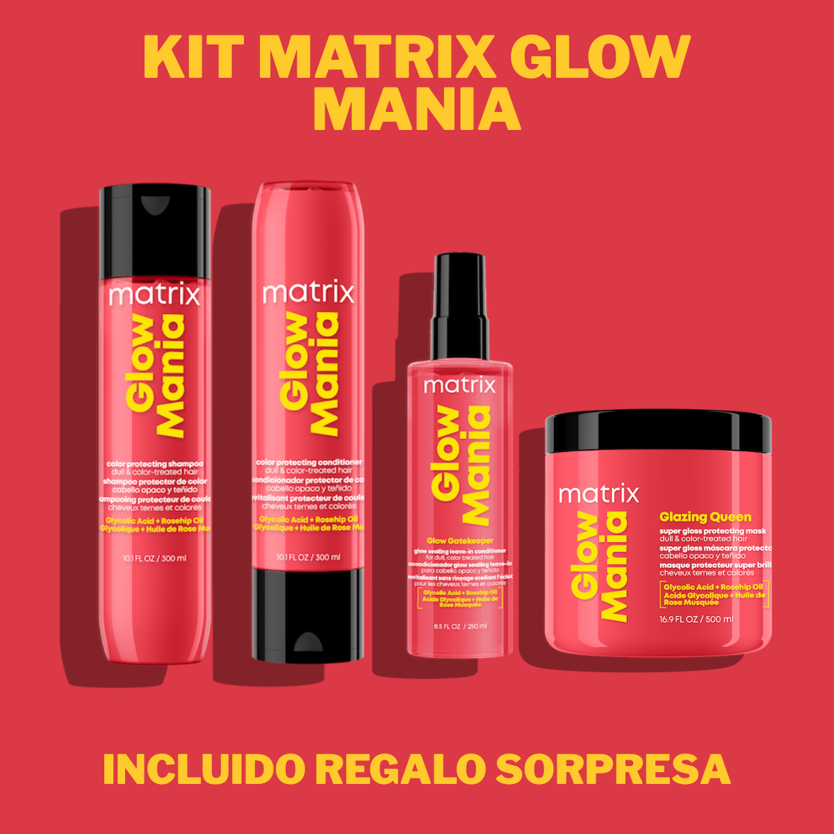 Matrix Kit Glow Mania Shampoo 300ML, Acondicionador 300ML, Mascarilla 500ML y Spray 200ML